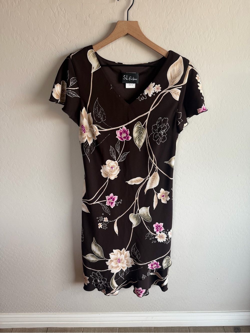 S.L. Fashions Brown Floral Midi Dress 16 Plus Vintage Grunge 90s Y2K Flutter